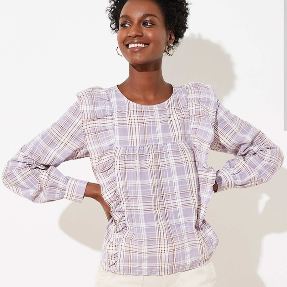 LOFT Plaid Ruffle Trim Blouse - Picture 1 of 9
